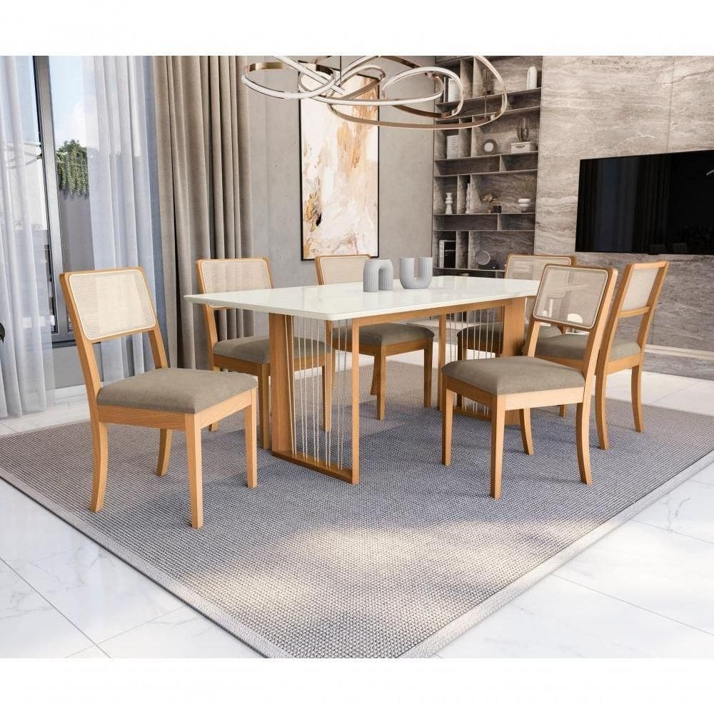 Conjunto Sala De Jantar Madeira Maciça 6 Cadeiras Kappesberg Off White Linho Fendi tela Bege