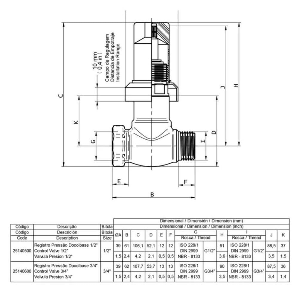 Registro Pressao Base - DN20 - 3/4" - Docol