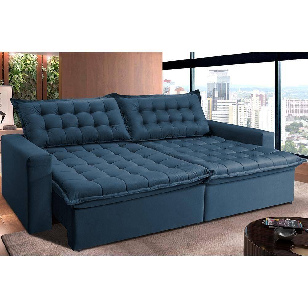 Sofá Retrátil Reclinável E Cama 2,95m Cama Inbox Flex Suede Velusoft Azul