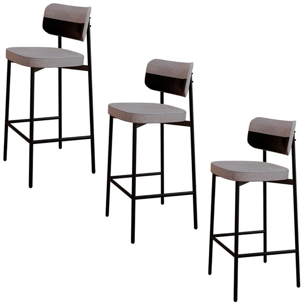 Banqueta Alta Bar Estofada Kit 3 Ella M25 Linho Cinza Cl-preto - Mpozenato