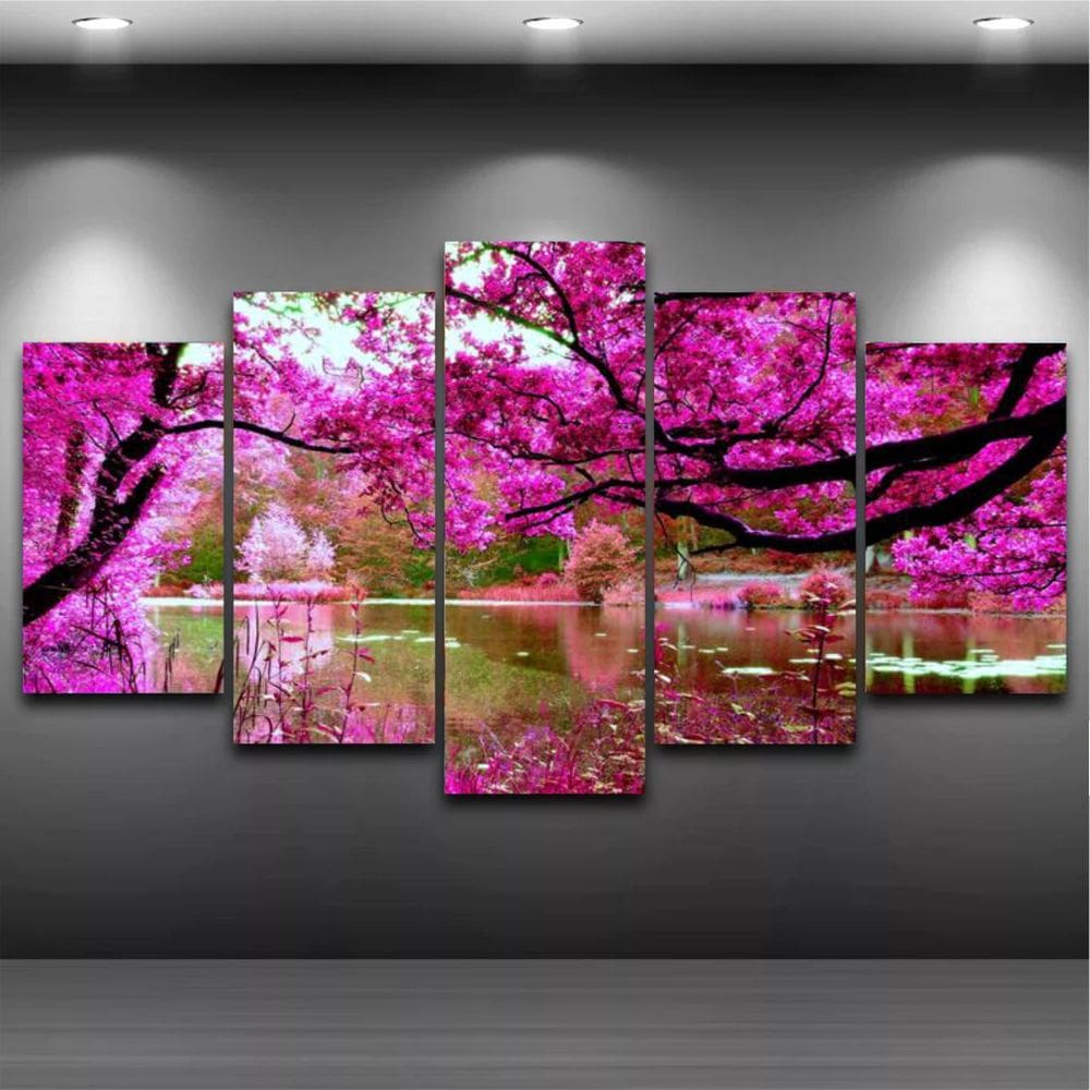 Quadro Mosaico Paisagem Rosa 5 Peças 1,20x0,70cm