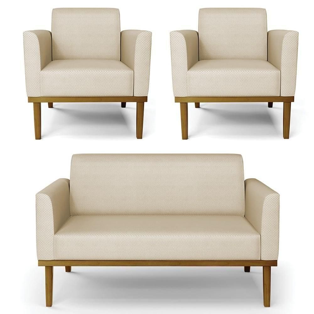 Sofá Namoradeira E 2 Poltronas Base Madeira Castanho Maressa Veludo Luxo Off White - Ibiza