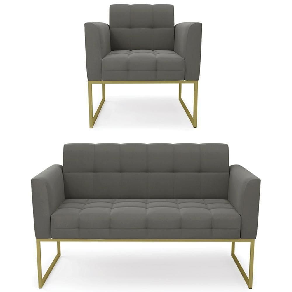 Sofá Namoradeira E 1 Poltrona Base Industrial Dourado Ana Suede Grafite - Ibiza
