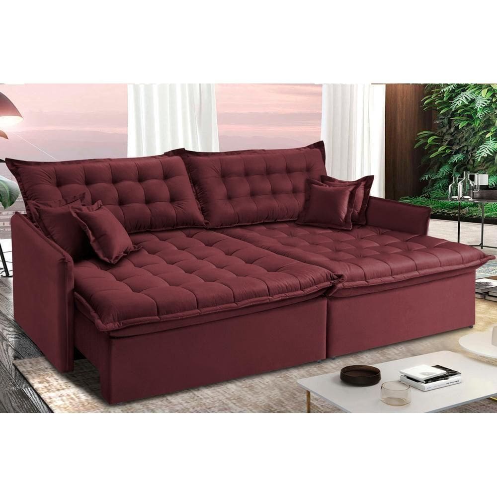 Sofá Sem Caixa Retrátil Reclinável 2,55m Cama Inbox Versátil Com Pillow Top E Molas Velusoft Vinho