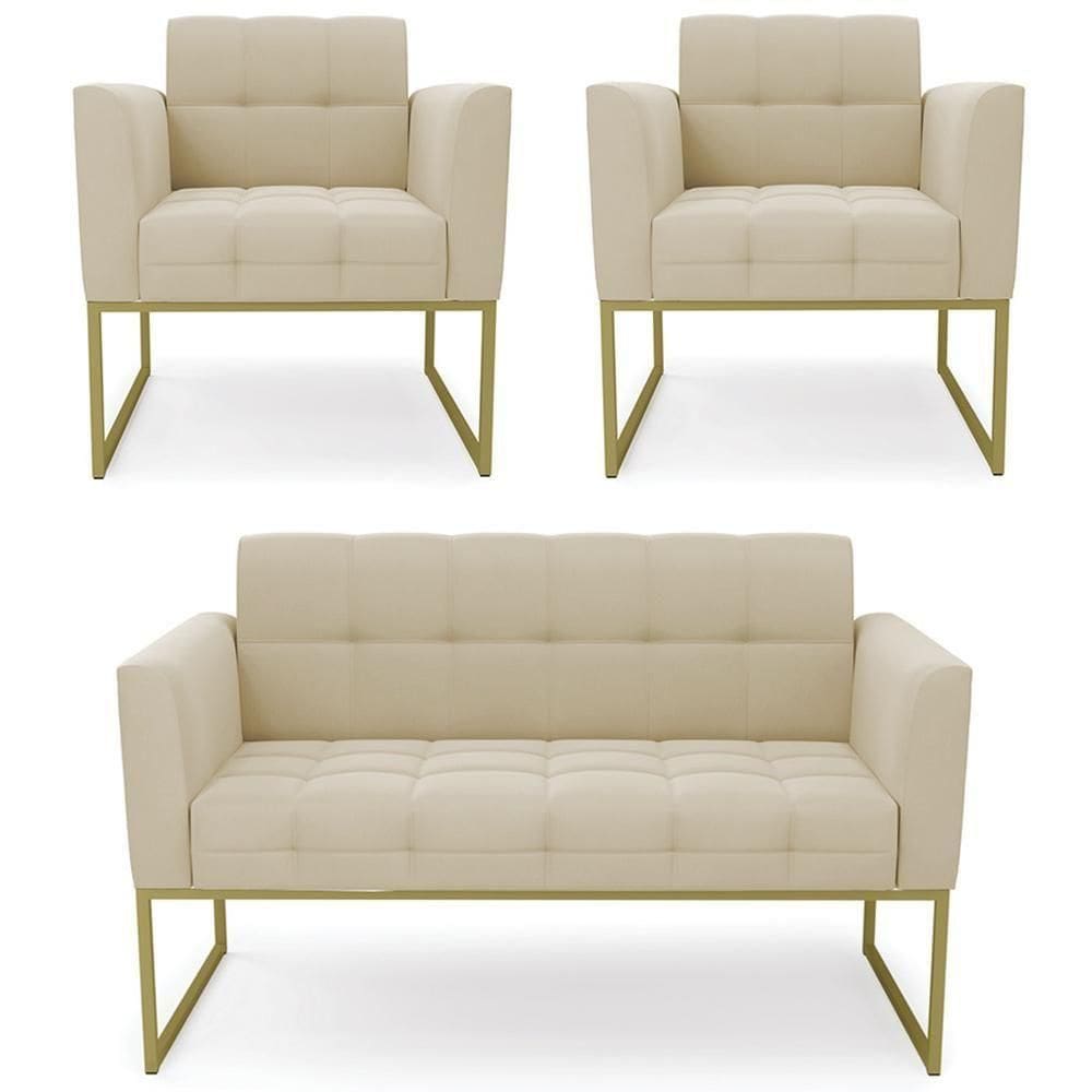 Sofá Namoradeira E 2 Poltronas Base Industrial Dourado Ana Suede Bege - Ibiza