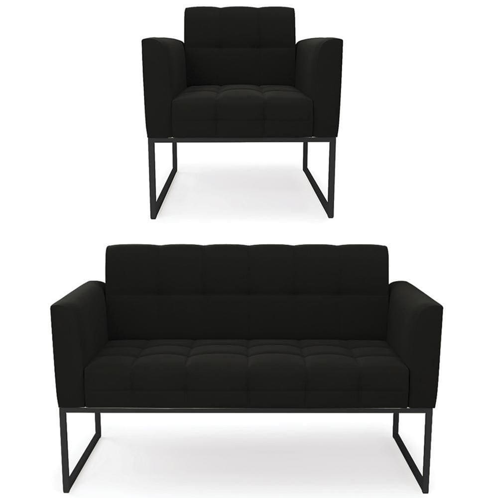 Sofá Namoradeira E 1 Poltrona Base Industrial Preto Ana Suede Preto - Ibiza