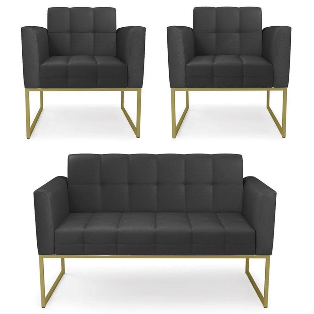 Sofá Namoradeira E 2 Poltronas Base Industrial Dourado Ana Sintético Preto - Ibiza
