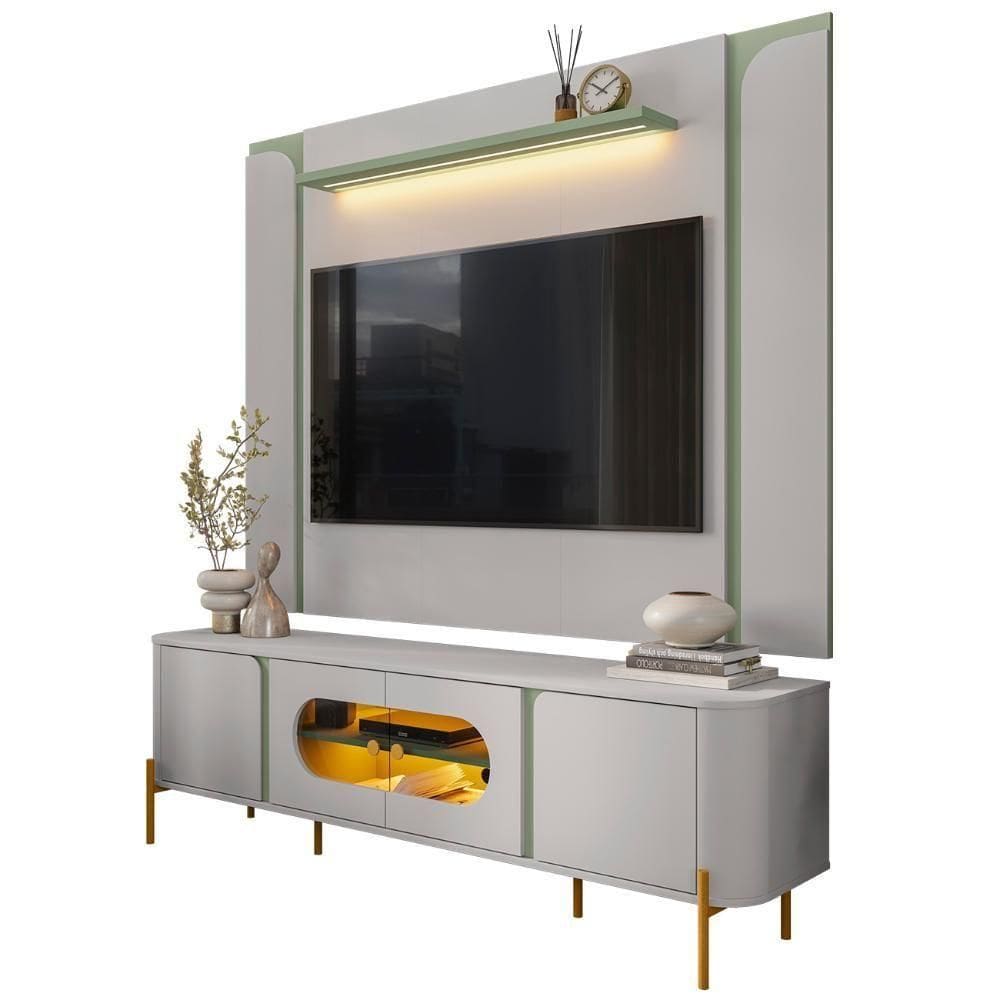 Painel 75 Pol Marina E Rack Com Led 180cm Ricky Off/pistache B02 - Mpozenato