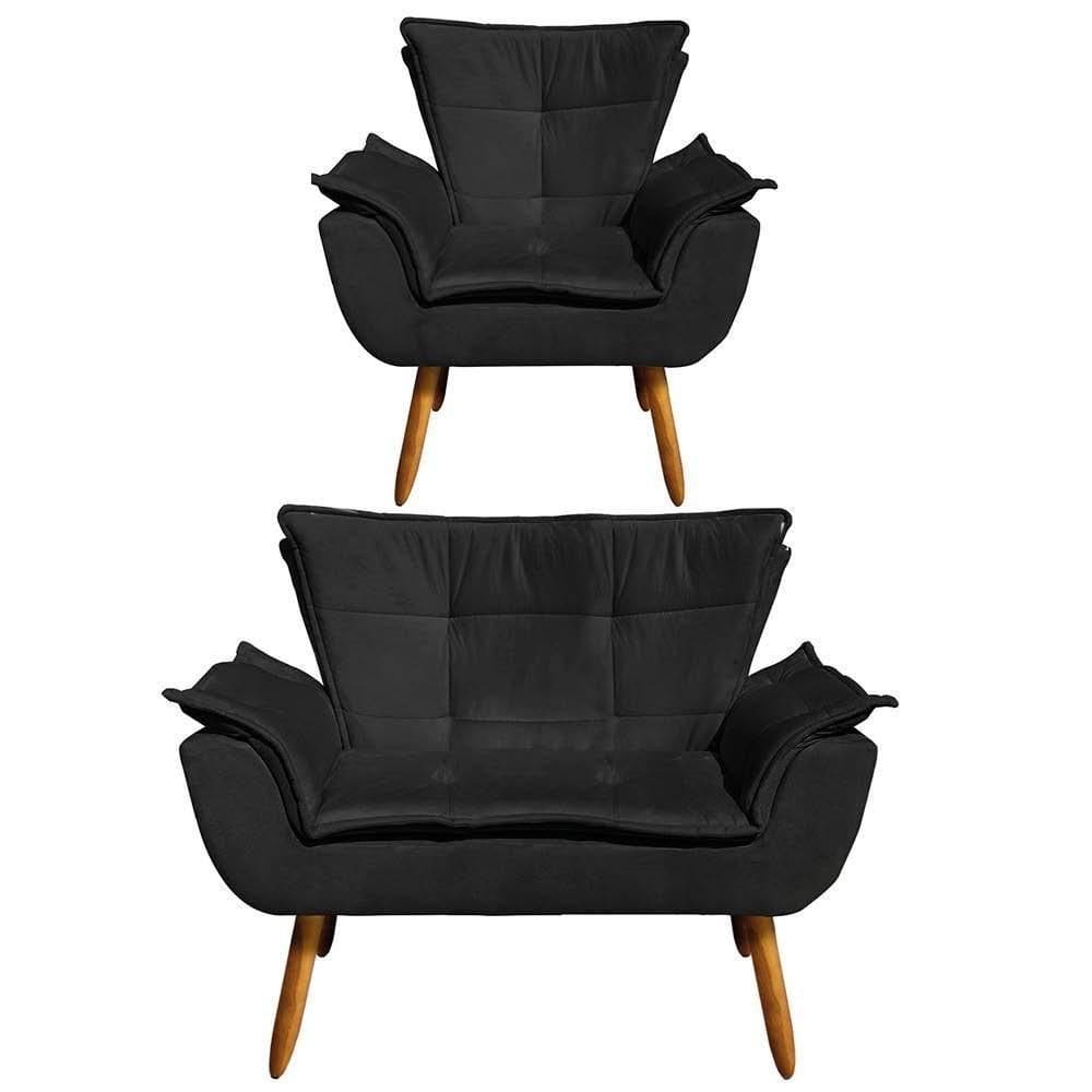 Kit Namoradeira 2 Lugares E 1 Poltrona Decorativa Pés Palito Opla Suede Preto - Ibiza