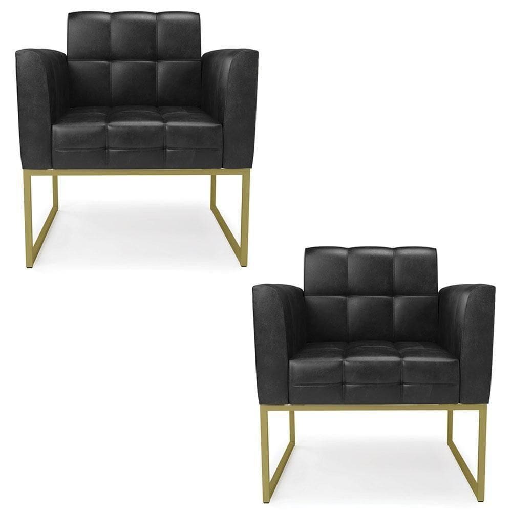 Poltrona Base Industrial Dourado Kit 2 Ana Sintético Pu Preto - Ibiza
