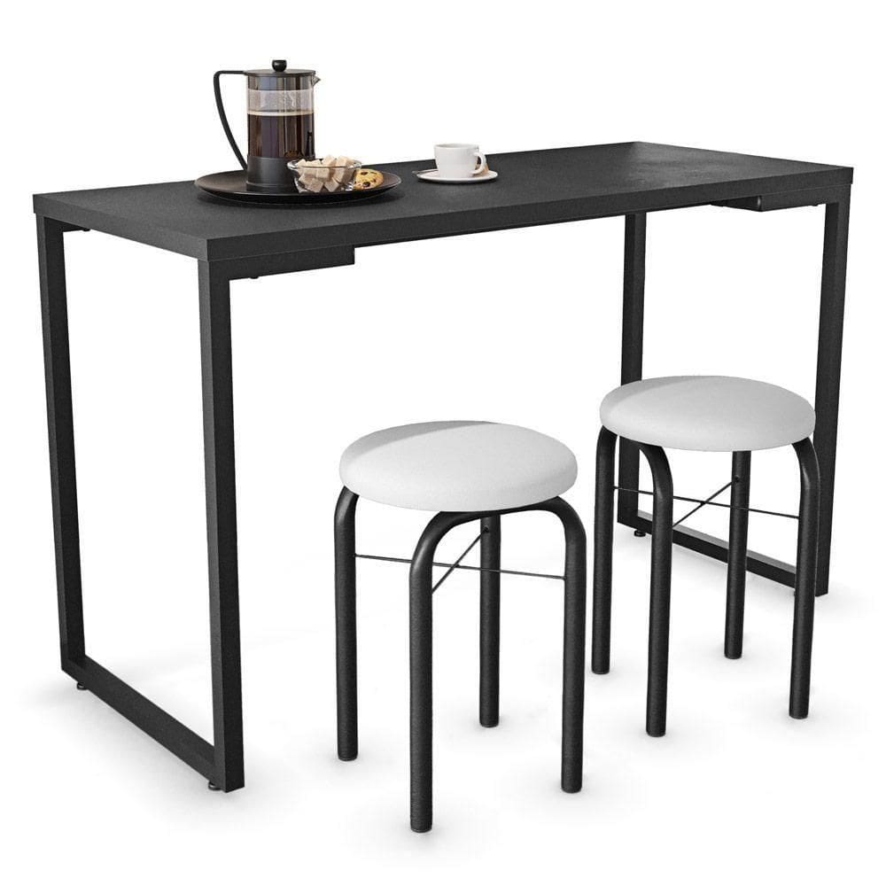 Mesa De Cozinha Bistrô Porto Preto 120cm Com 2 Banquetas Industriais Maviê Branco/preto - Mpozenato