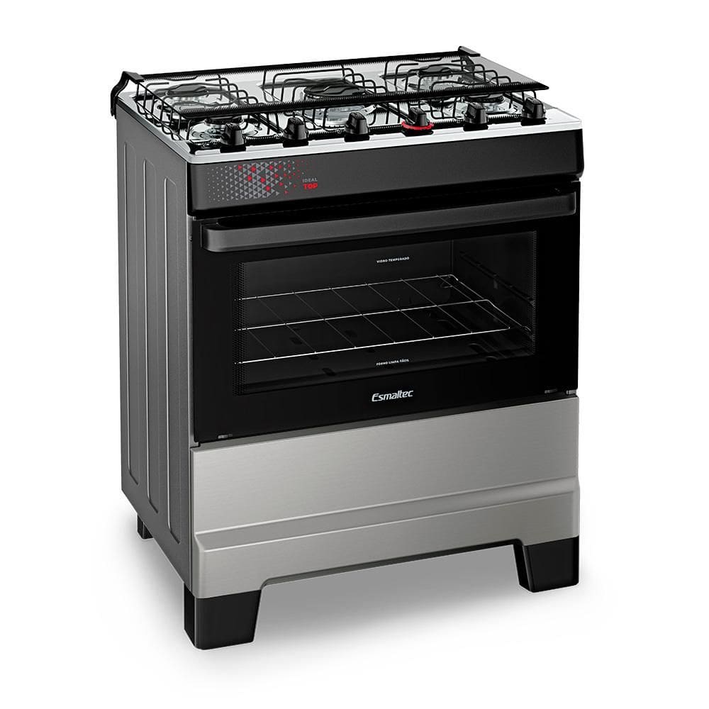 Fogão a Gás Mesa Inox Super Chama Tampa de Vidro Forno 84L Limpa Fácil e Acendimento Automático IDEAL Top T5IAI Cor Inox 5 bocas Bivolt