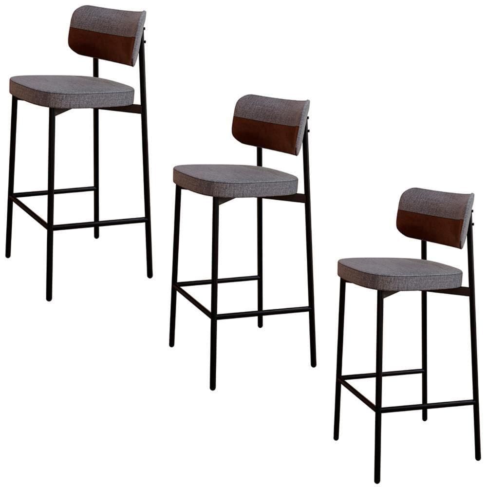 Banqueta Alta Bar Estofada Kit 3 Ella M25 Linho Cinza-marrom - Mpozenato