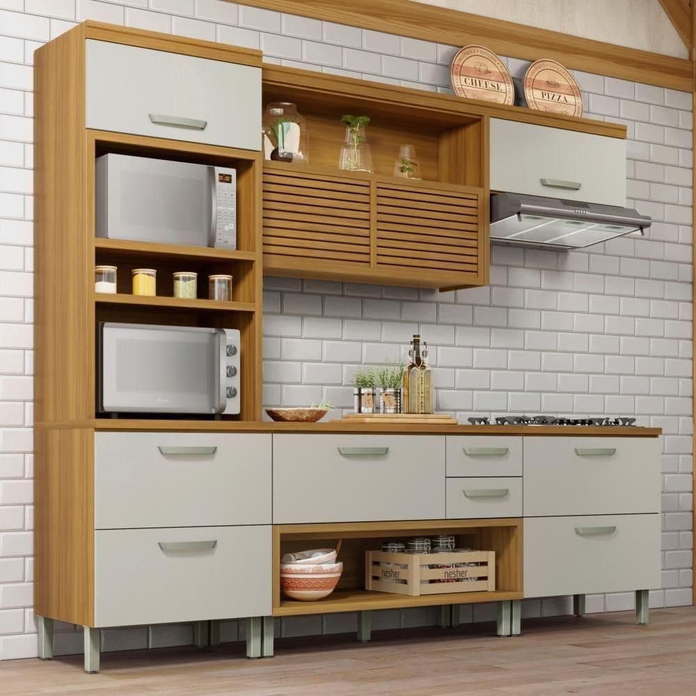 Cozinha Completa 5 Portas 4 Gavetas Ripado 100% Mdf Princesa Freijó/off White Nesher Freijó/off White