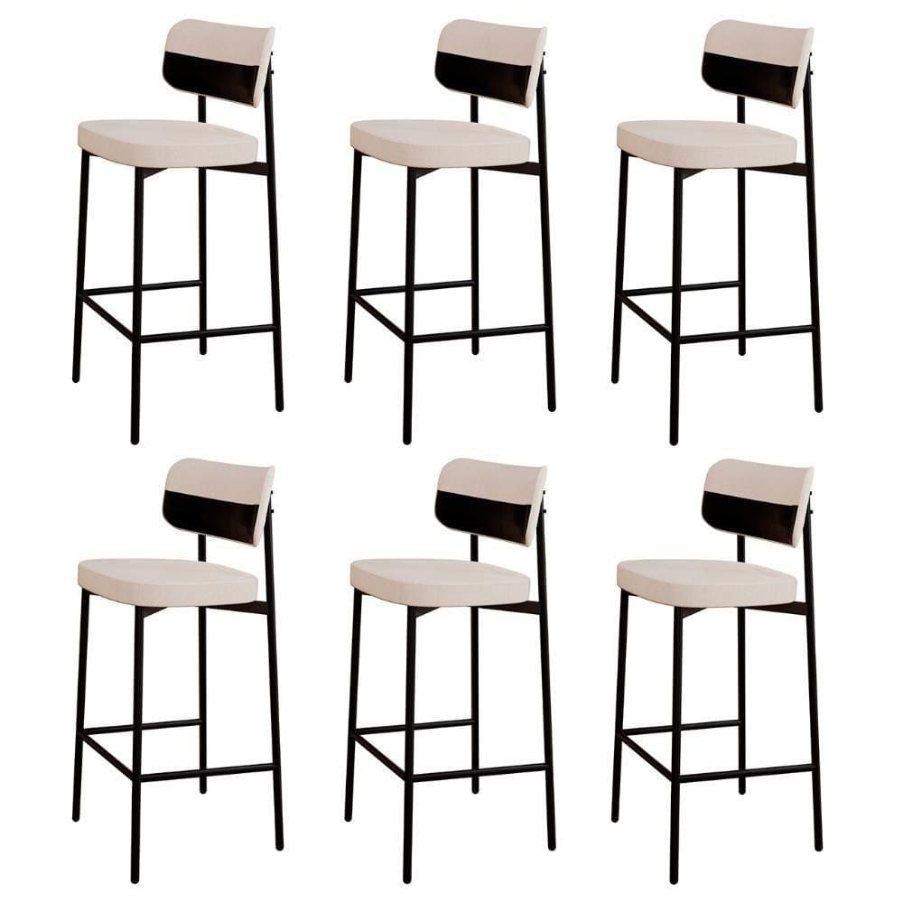 Banqueta Alta Bar Estofada Kit 6 Ella M25 Linho Palha-preto - Mpozenato