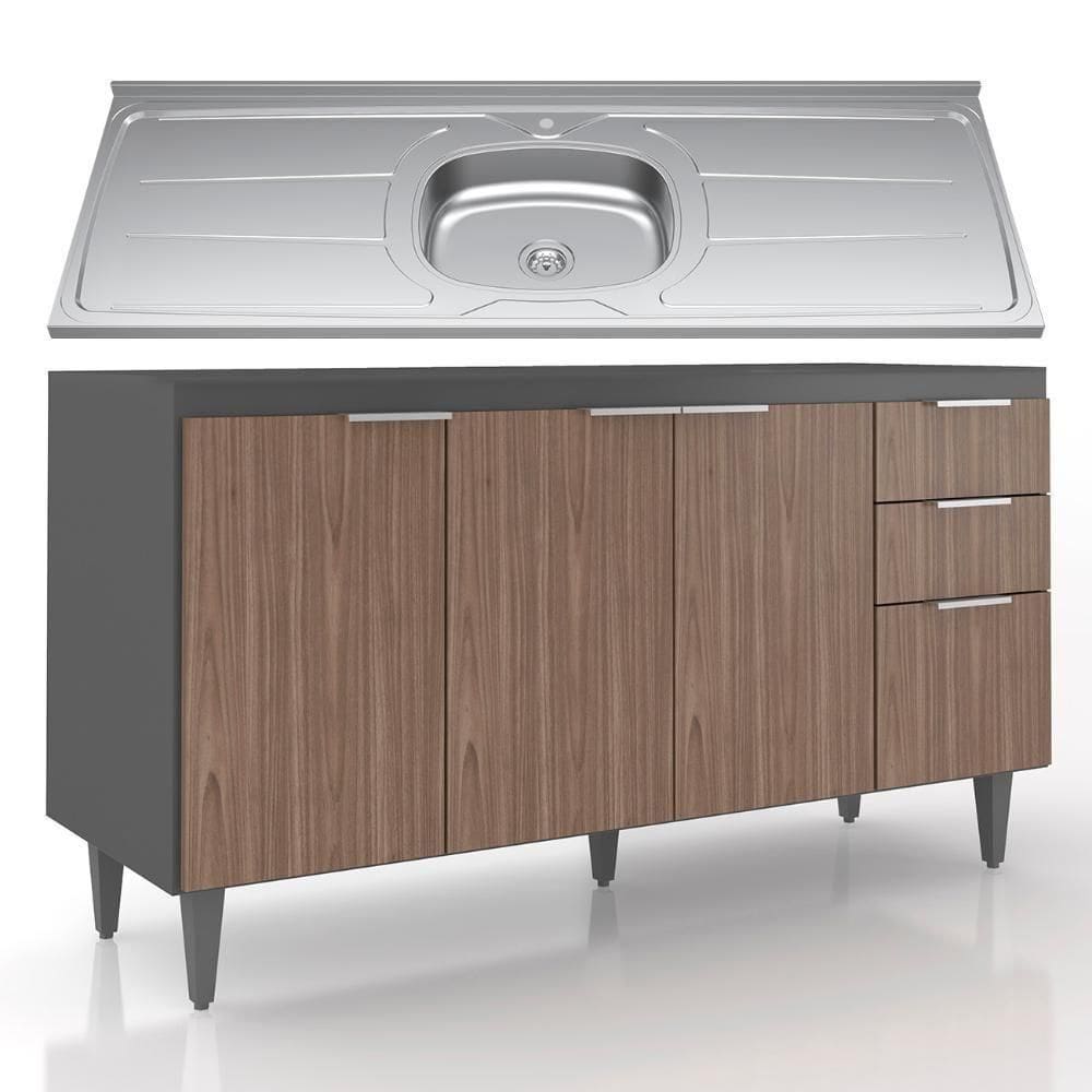 Balcão De Cozinha Com Pia Inox 150cm Pérola Z34 Grafite-freijó - Mpozenato