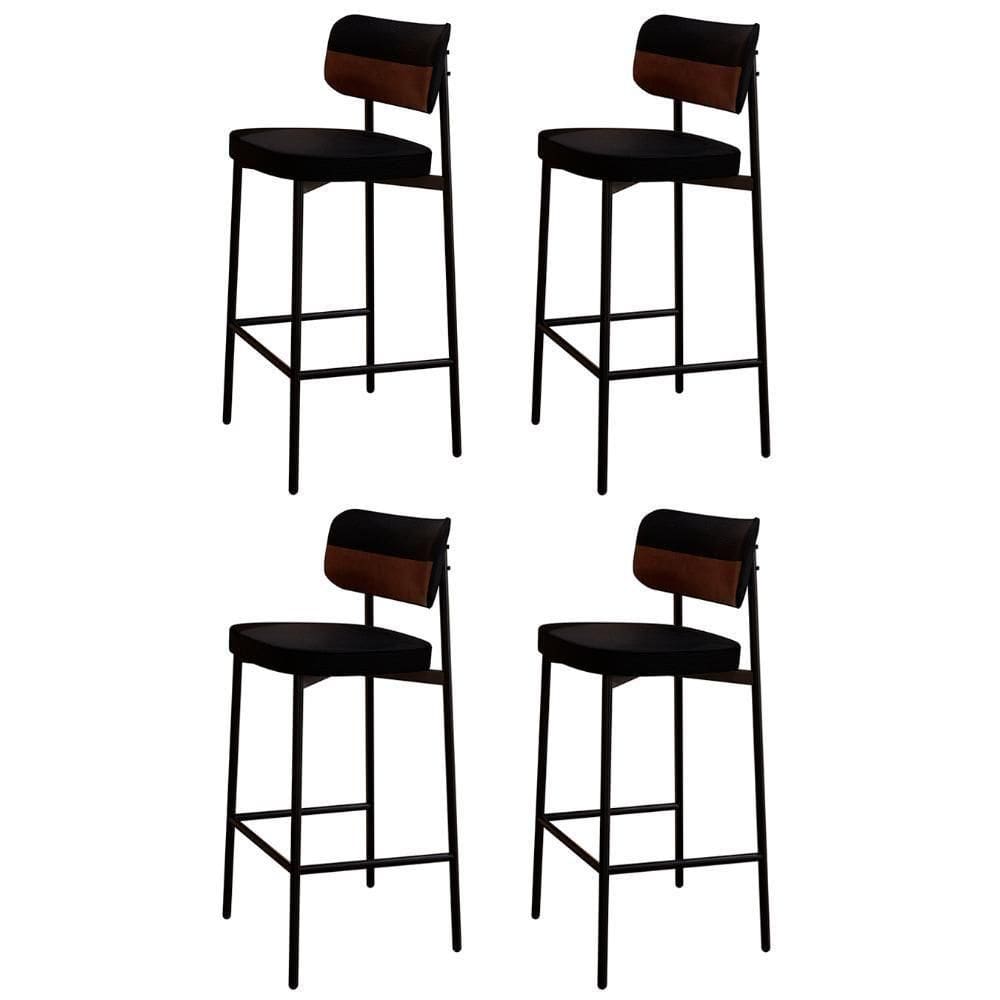 Banqueta Alta Bar Estofada Kit 4 Ella M25 Linho Preto-marrom - Mpozenato