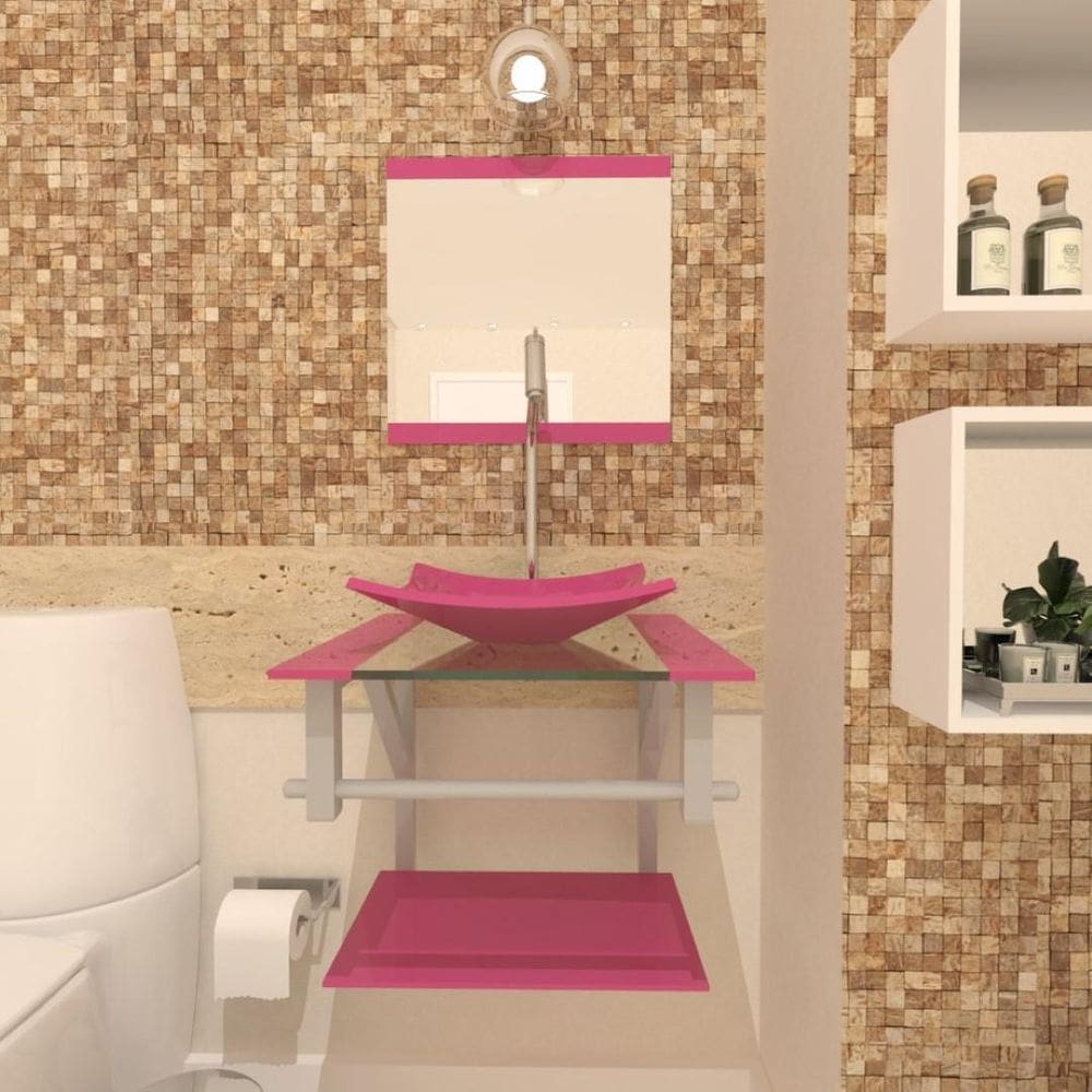 Gabinete De Vidro 40Cm Ac Com Cuba Quadrada Rosa + Torneira