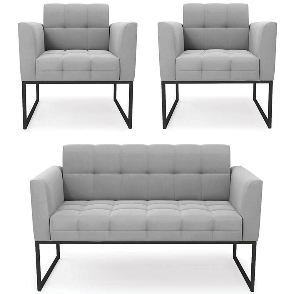 Sofá Namoradeira E 2 Poltronas Base Industrial Preto Ana Suede Cinza - Ibiza