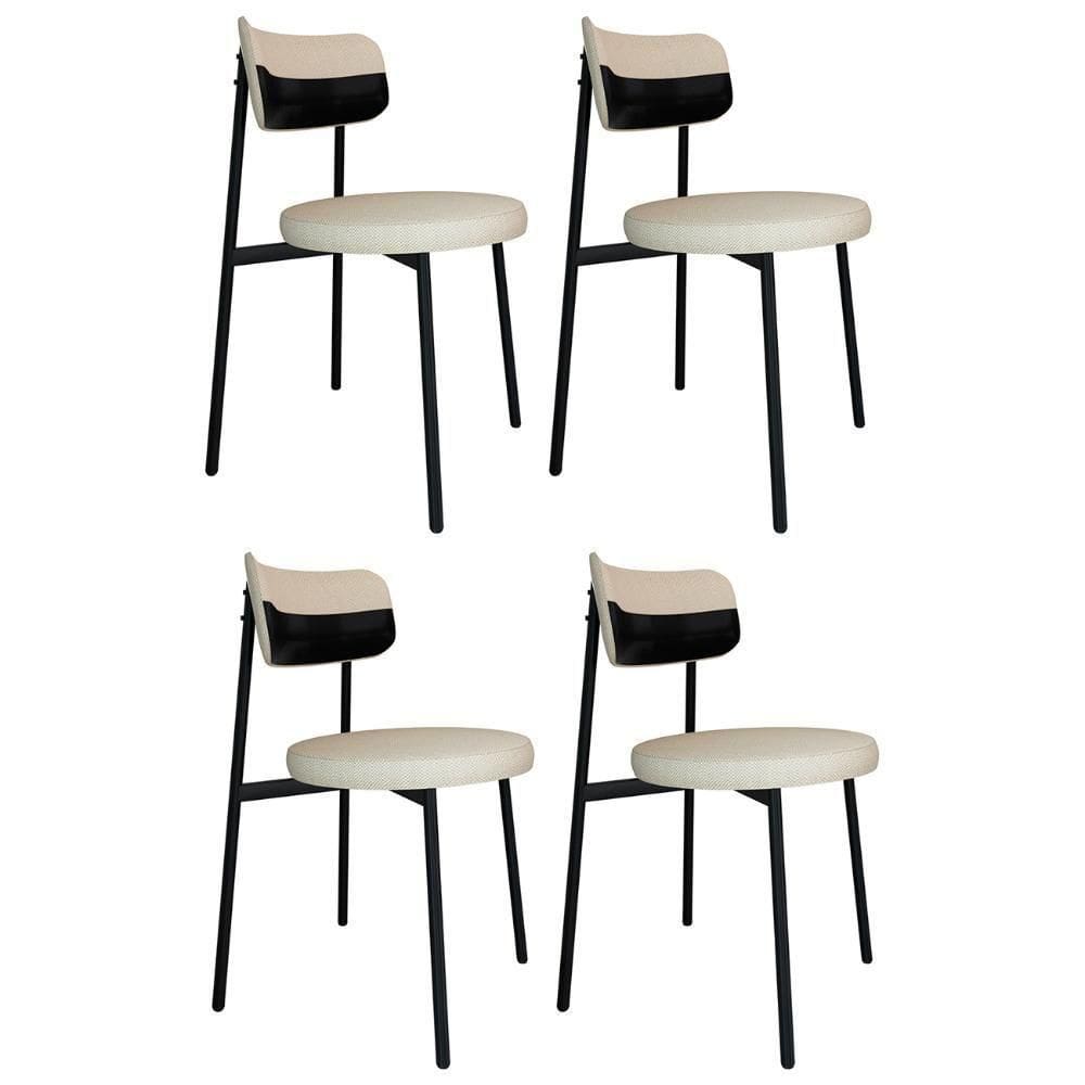 Cadeira De Jantar Estofada Kit 4 Nyka M25 Linho Areia-preto - Mpozenato