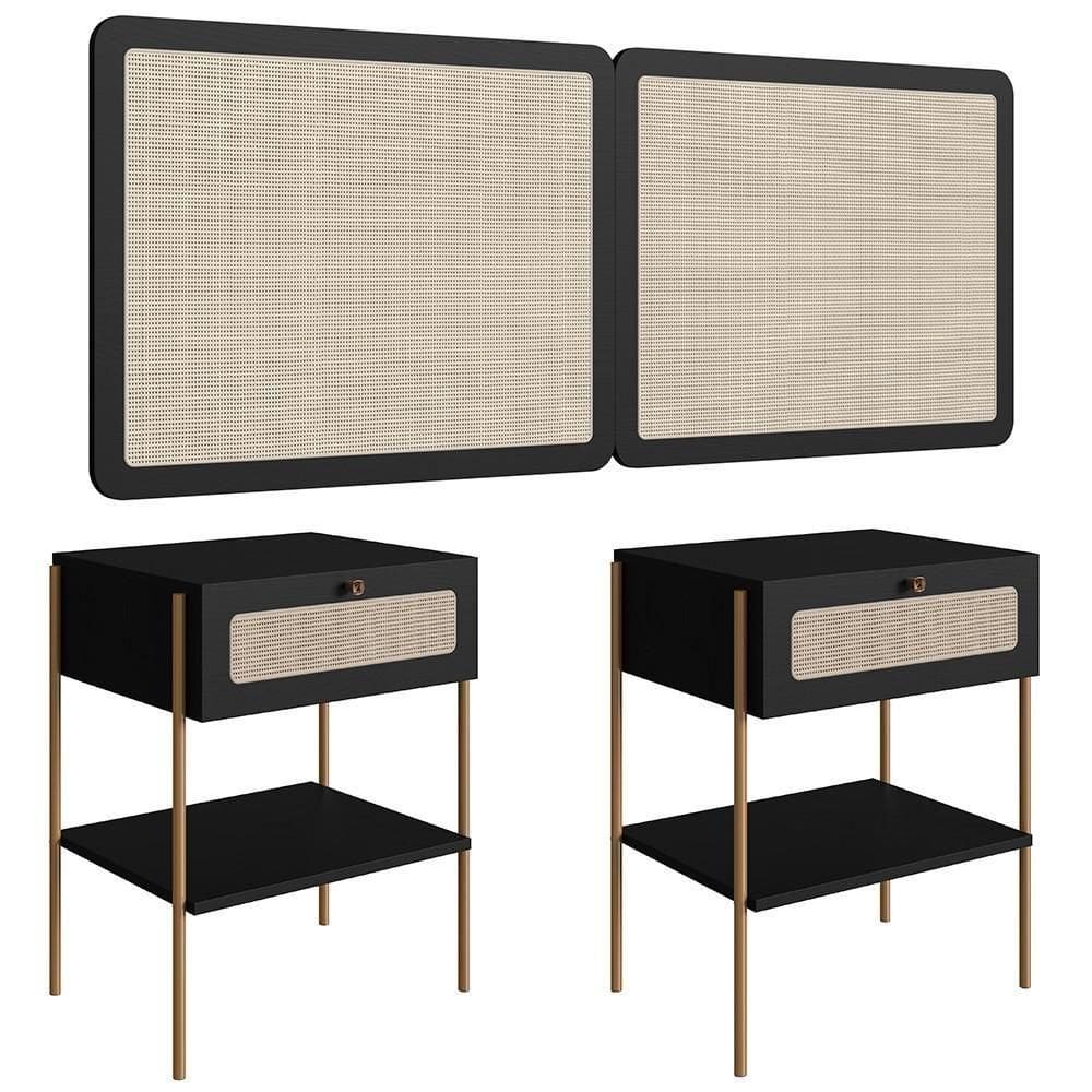 Cabeceira Casal E Queen Com 2 Mesas Laterais Arlo A10 Nero-dourado - Mpozenato