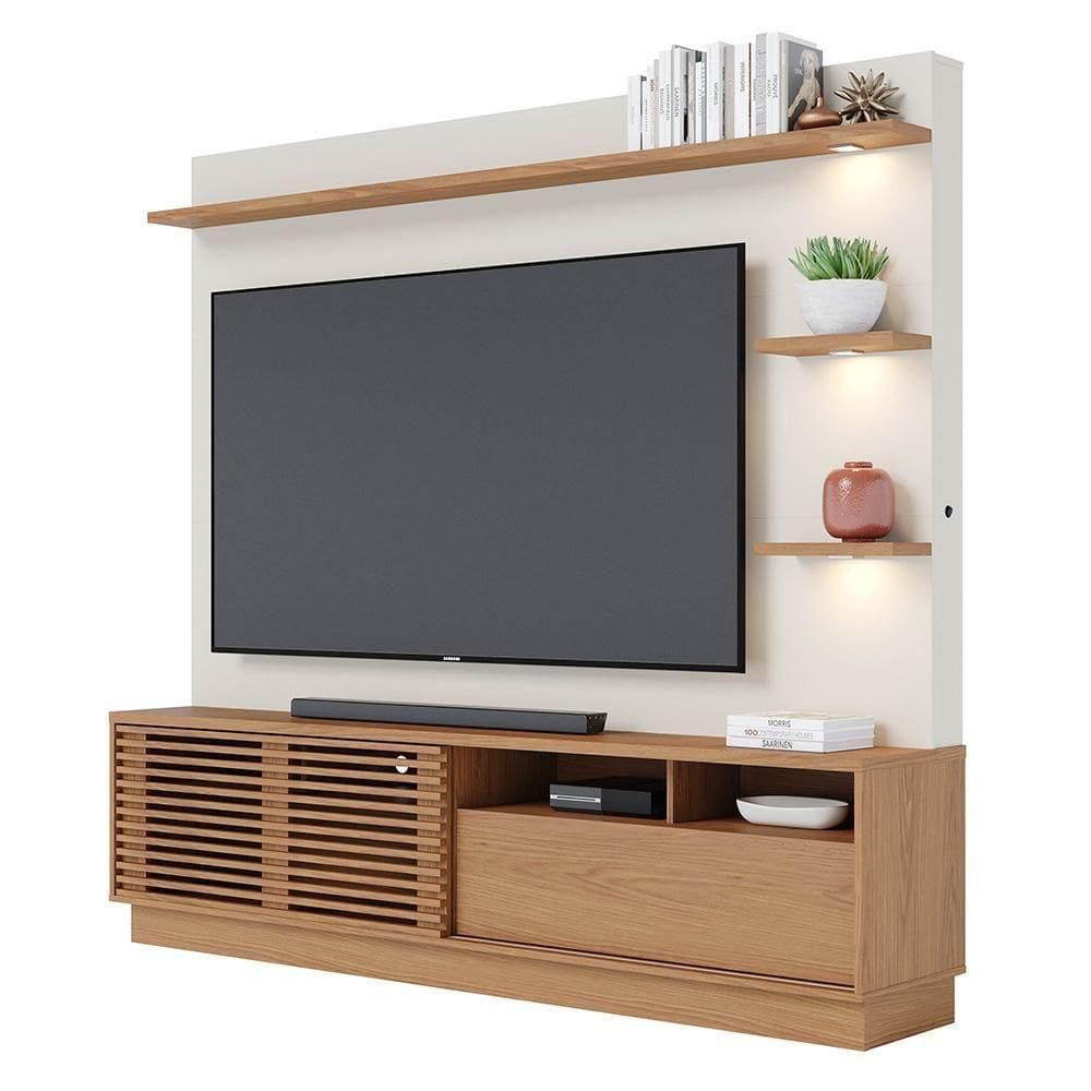 Estante Home Theater Para 70 Pol. Com Led 200cm Amiche C05 Freijó-off White Matte - Mpozenato