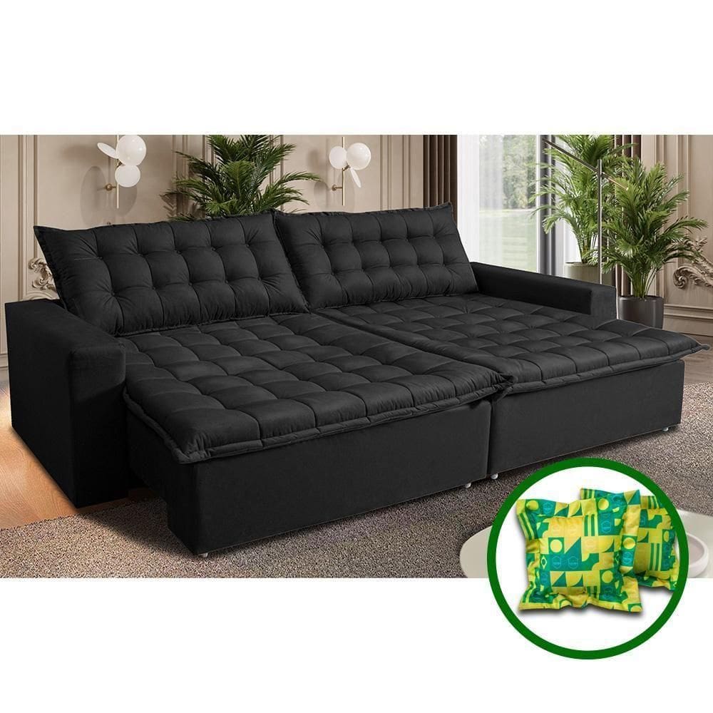 Sofá Sem Caixa Retrátil Reclinável 2,75m Cama Inbox França Velusoft Preto