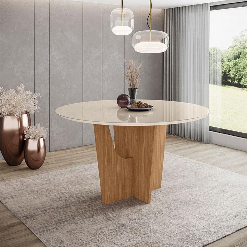 Mesa de Jantar Vértice 140 cm Ambiente Redondo com Vidro Nature Off White - Henn