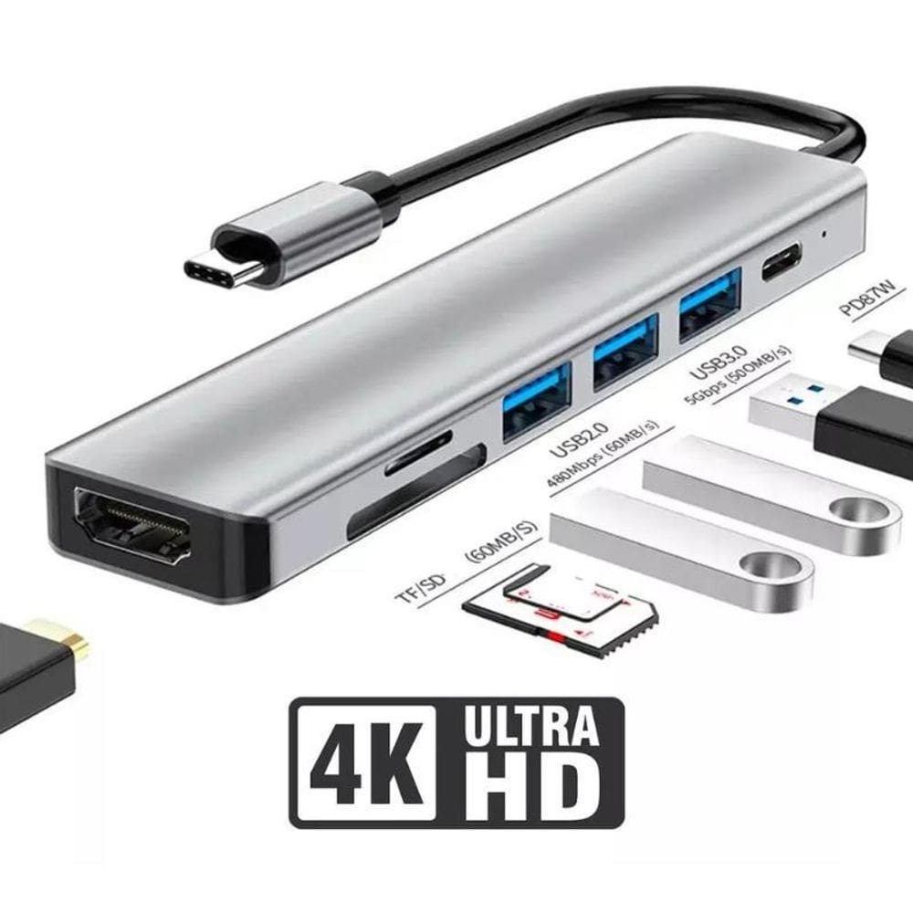 Hub Adaptador 7 Em 1 Com Hdmi 4K Com Usb Tipo C -