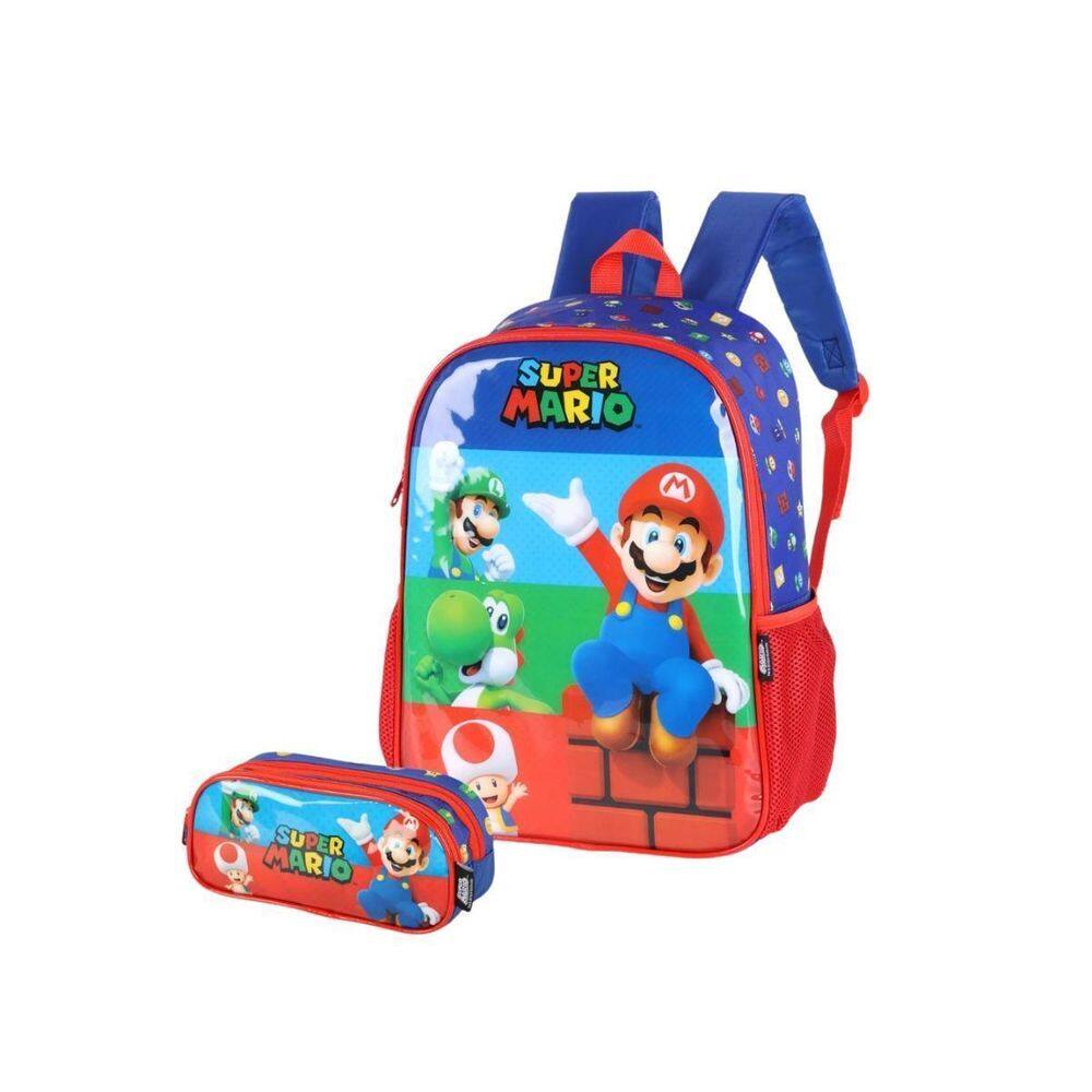 Mochila Costas Super Mario Com Estojo Duplo Infantil Escolar