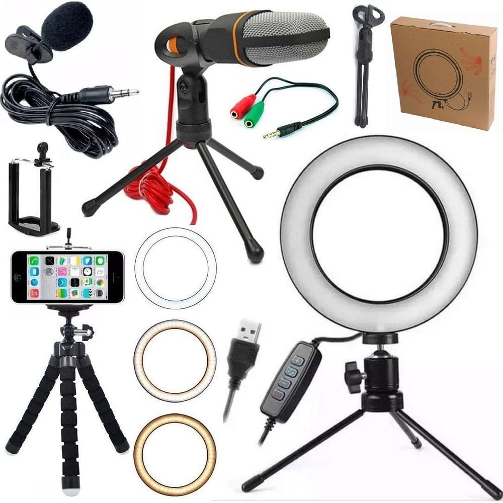 Kit Youtuber Tripé Microfone Lapela Celular Luz Anel De Led