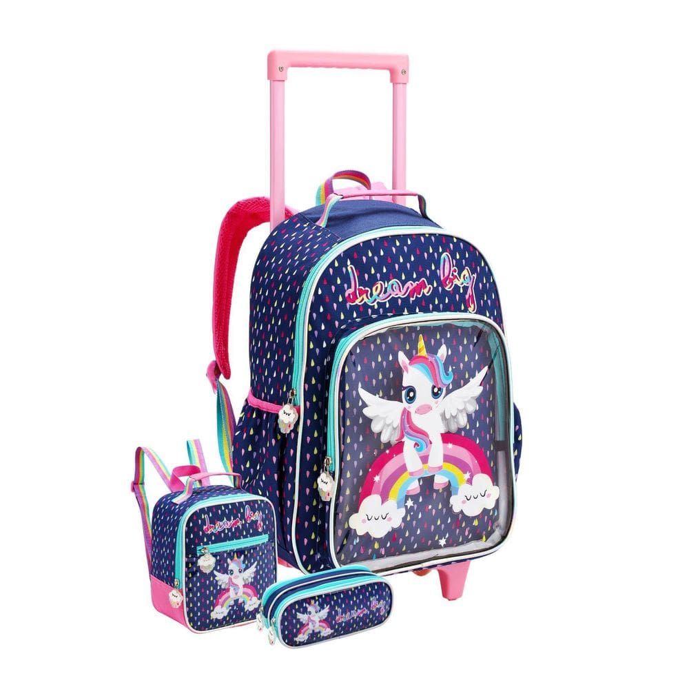 Kit Escolar Mochila Rodas+Lancheira+Estojo Unicórnio - Azul
