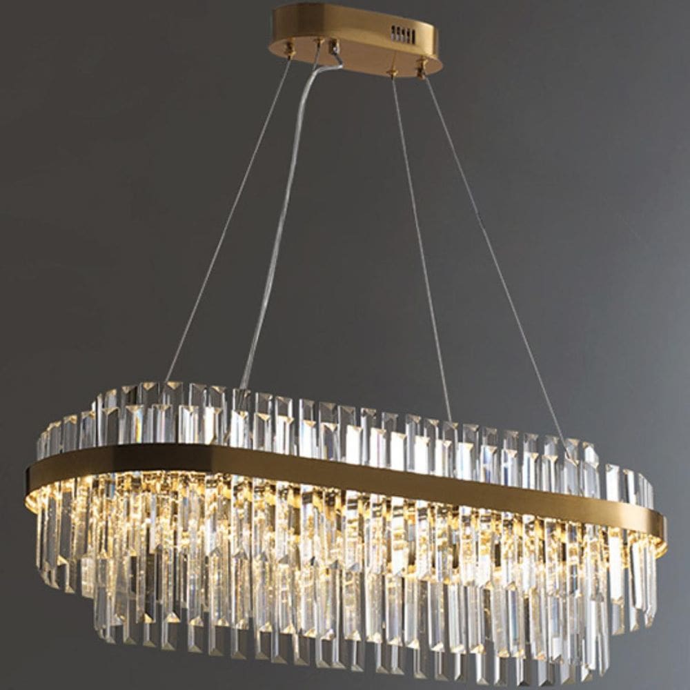 Lustre Pendente 80Cm X 35Cm Led 108 Cristais 3 Cores Oval