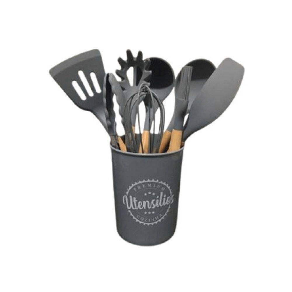 Kit Utensílios Silicone Madeira 9 Peças - Cinza