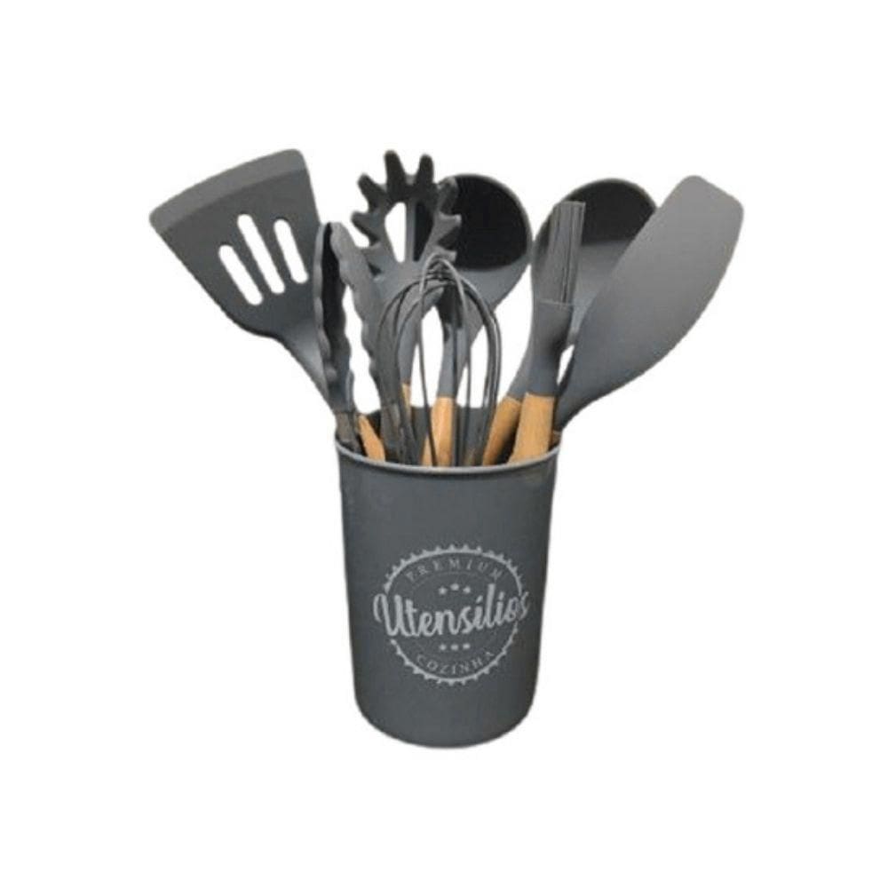 Kit Utensílios Silicone Madeira 9 Peças - Cinza