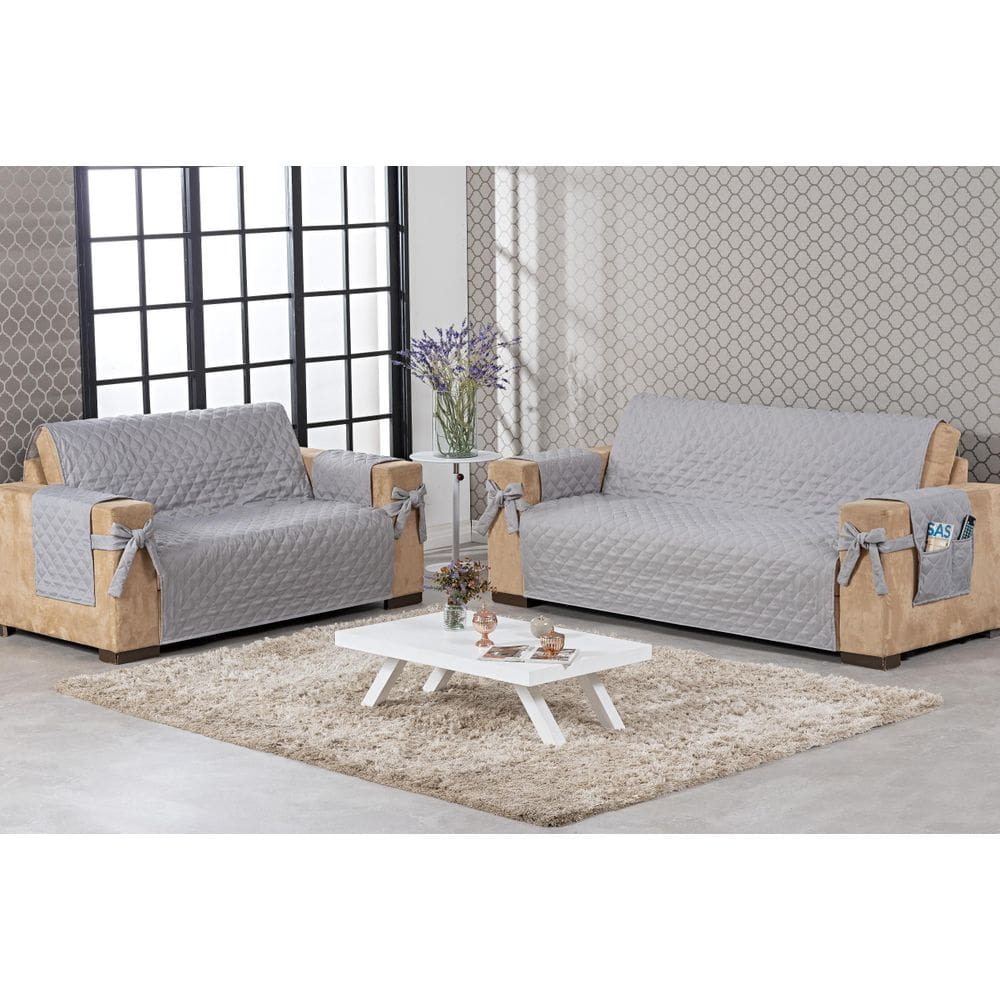 Kit Protetor De Sofá 2 E 3 Lugares Matelado Com Laço Cinza