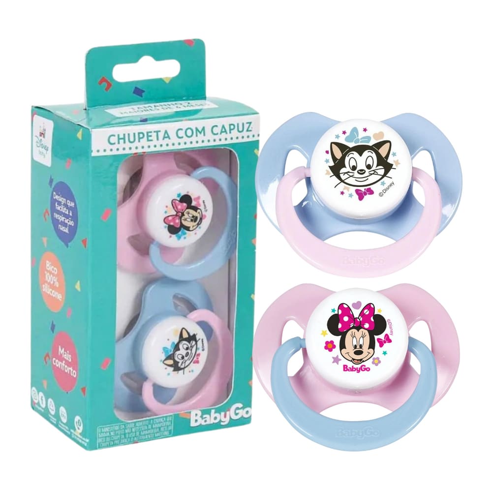 Kit 2 Chupetas com Capuz T2 Bico Silicone Orto +6M Mickey Minnie Azul Rosa Disney