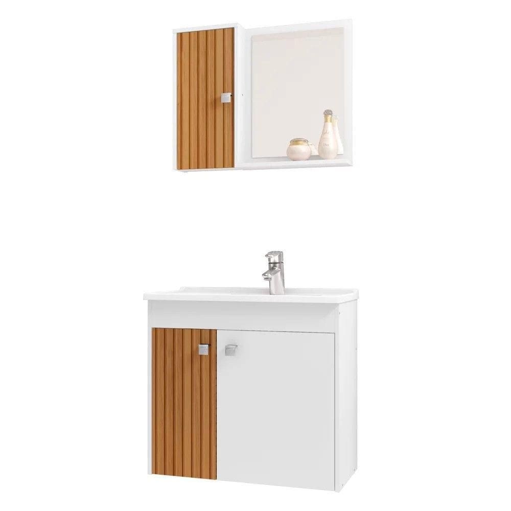 Kit Banheiro Gabinete 56cm Pia E Armário Branco/ripado