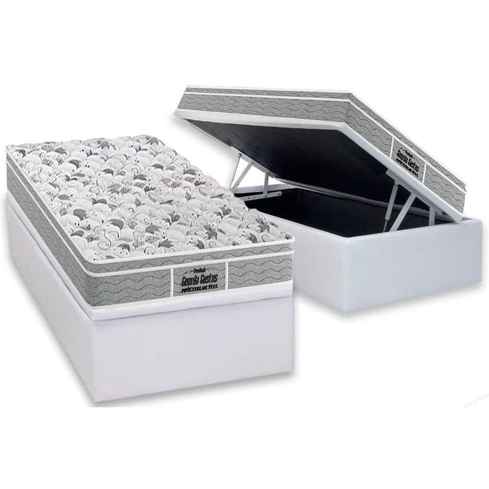 Cama Box Baú Solteiro: Colchão Espuma D45 Probel - Ep Guarda Costas Próextreme Plus + Base Crc Courano White(88x188)