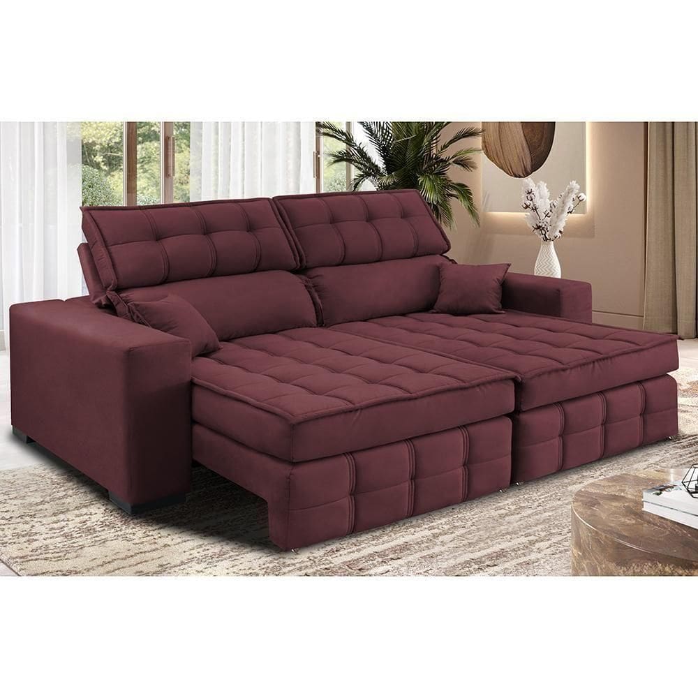 Sofá Retrátil E Reclinável 2,00m Molas Ensacadas E Costura Tripla Cama Inbox Nobre Suede Vinho