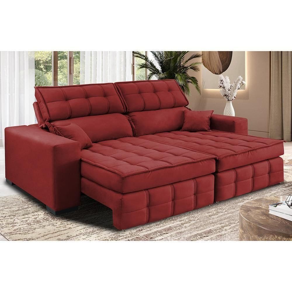 Sofá Retrátil E Reclinável 2,20m Molas Ensacadas E Costura Tripla Cama Inbox Nobre Suede Vermelho