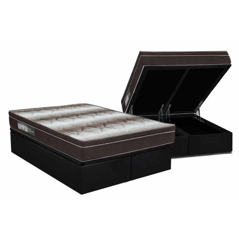 Cama Box Baú Queen Colchão Ortopédico Ortobom Light + Base Crc Suede Black 158x198