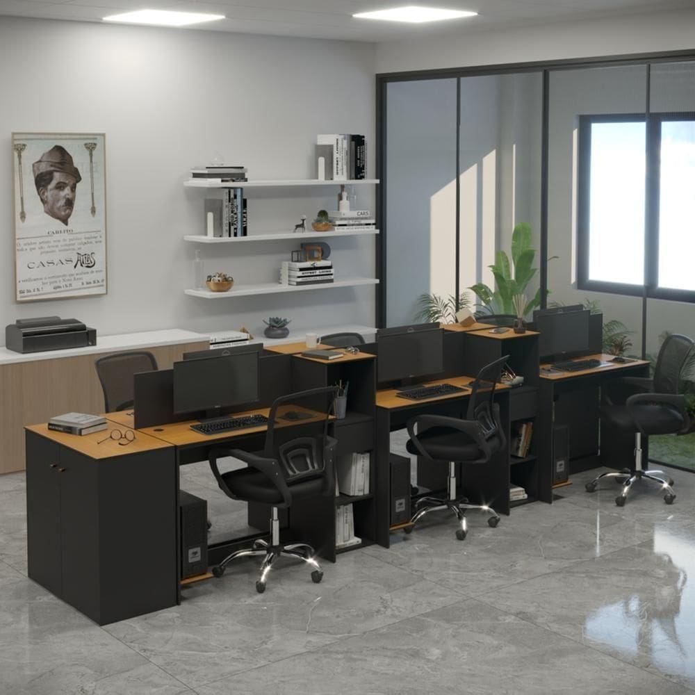 Estação De Trabalho 6 Lugares Office Smart 6 Mesas 4 Armários 1 Aparador - Preto E Cedro Preto E Cedro