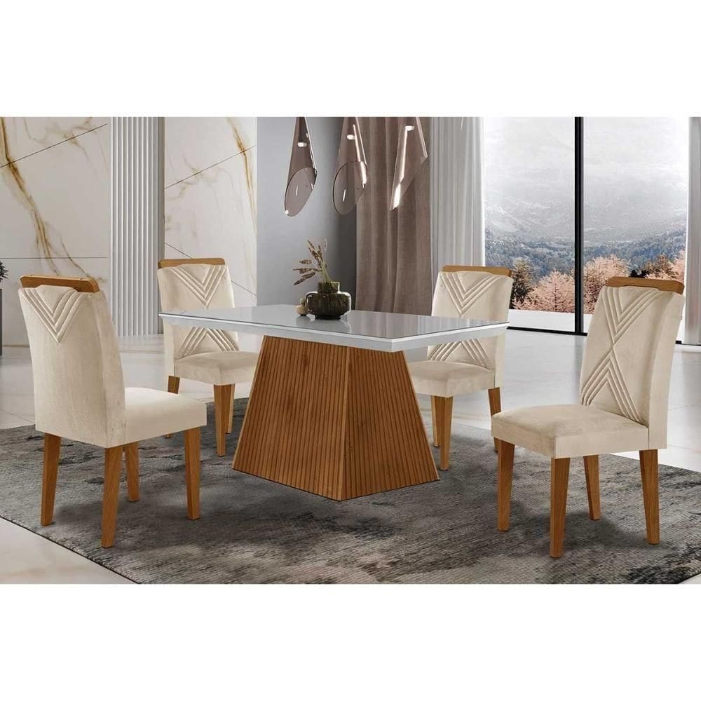 Sala De Jantar Completa Luna Tampo Madeirado Com Vidro Curvo 120x80 E 4 Cadeiras Amsterdã Imbuia - Veludo Creme - Rufato