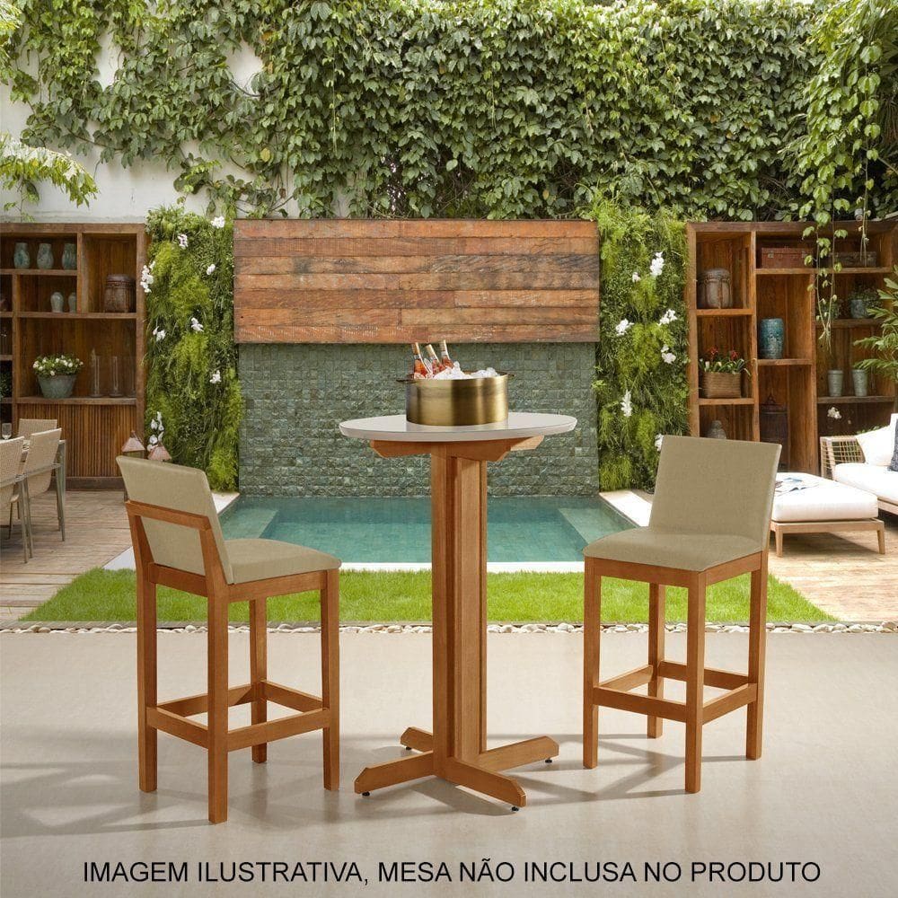 Kit 2 Banquetas Alta Luxo Pérola Com Encosto Estofada Em Veludo Bege Madeira Maciça Castanho