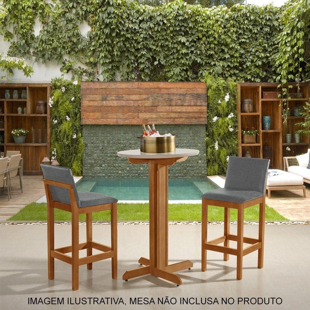 Kit 2 Banquetas Alta Luxo Pérola Com Encosto Estofada Em Linho Cinza Madeira Maciça Castanho