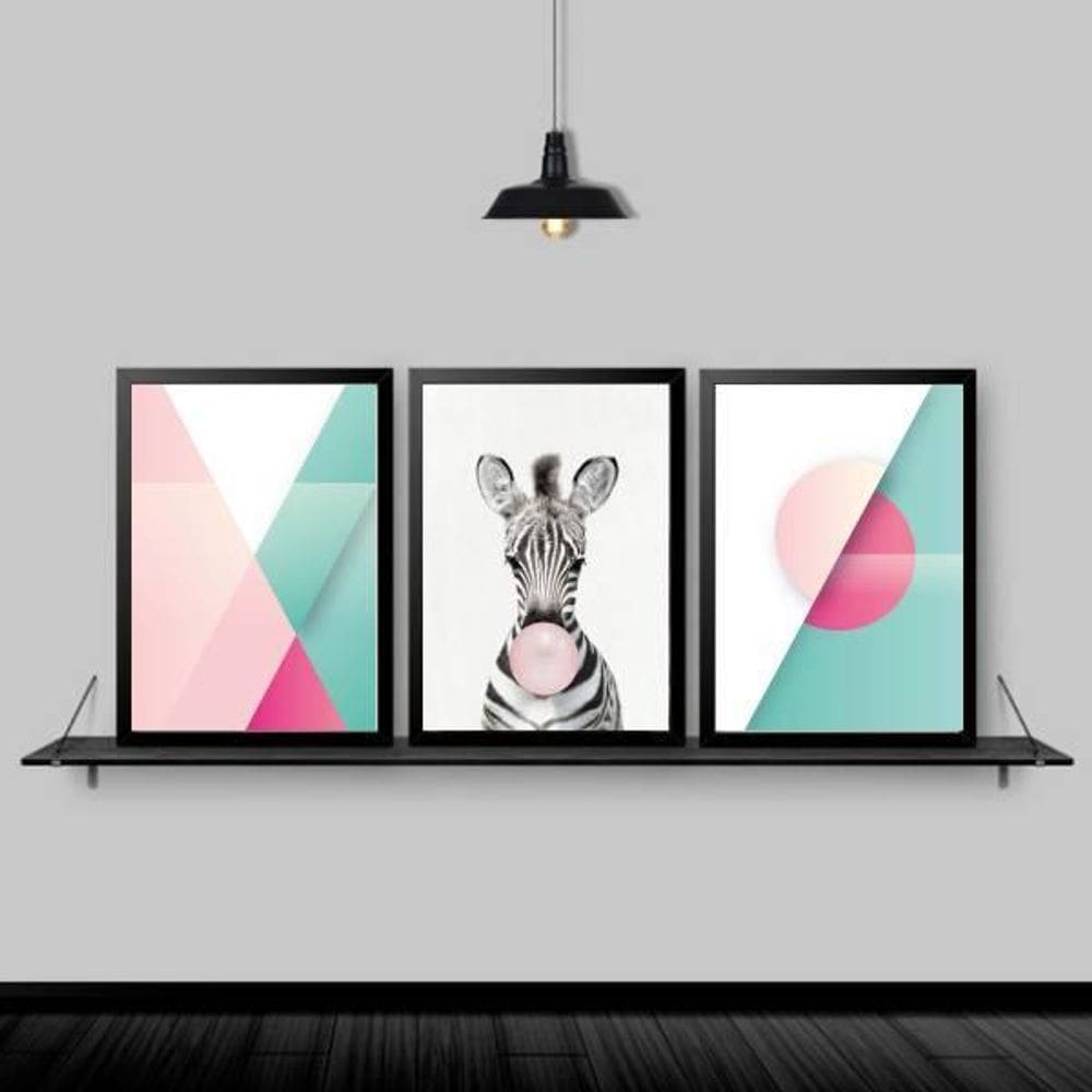 Kit 3 Quadros Abstratos Zebra Chiclete 45X34Cm Moldura Preta