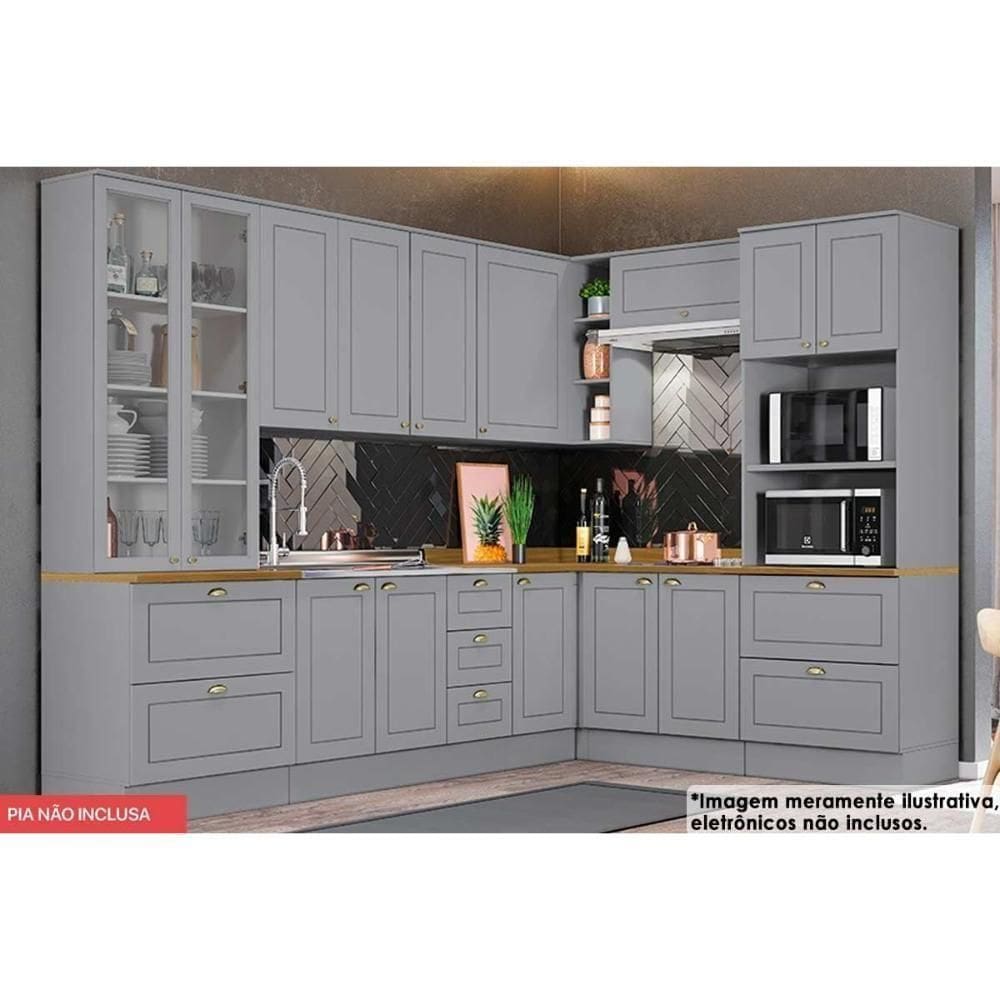 Cozinha Modulada Completa Americana 10 Peças 3 Aéreos + 3 Balcões + 2 Paneleiros + 2 Complementos C5p36 Cinza
