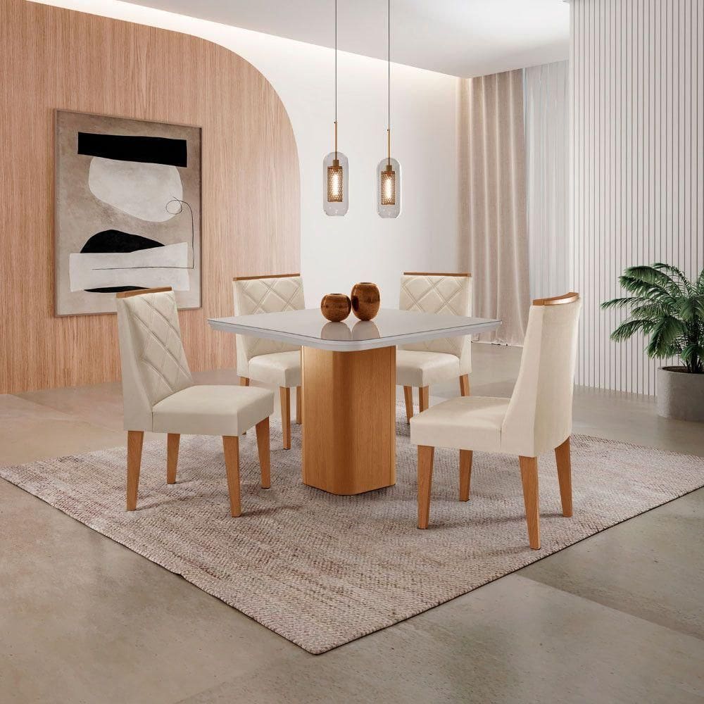 Mesa De Jantar Eloise Canto Copo 4 Cadeiras Isadora Moderna Veludo Creme/off White/