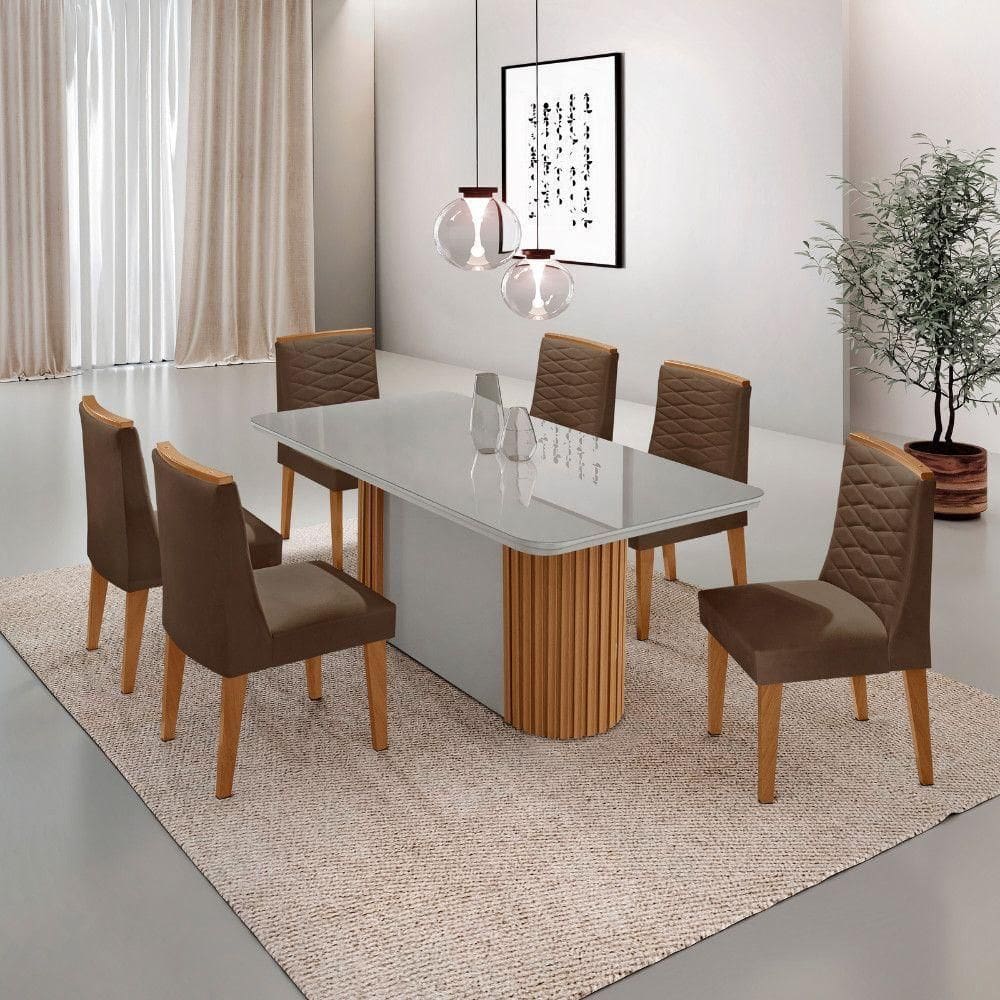 Mesa Jantar Aspen Tampo MDF Vidro 6 Cadeiras Eloise Moderna Veludo Marrom Off White